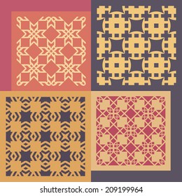 Set of four seamless patterns. Vintage geometric ornaments. Can be used for wallpaper, pattern fills, web page background. Vector Illustration. 
