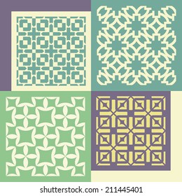 Set of four seamless patterns. Vintage geometric ornaments. Can be used for wallpaper, pattern fills, web page background. Vector Illustration. 