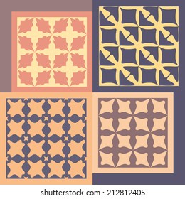 Satz von vier nahtlosen Mustern. Geometrische Vintage-Ornamente. Kann für Bildschirmhintergründe, Musterfüllungen, Web-Hintergrund verwendet werden. Vektorgrafik. 