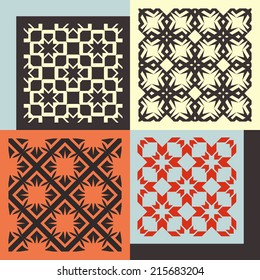 Set of four seamless patterns. Vintage geometric ornaments. Can be used for wallpaper, pattern fills, web page background. Vector Illustration. 