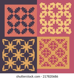 Conjunto de cuatro patrones impecables. Ornamentos geométricos vintage. Se puede usar para fondo de pantalla, rellenos de patrones, fondo de página web. Ilustración vectorial. 