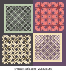 Satz von vier nahtlosen Mustern. Geometrische Vintage-Ornamente. Kann für Bildschirmhintergründe, Musterfüllungen, Web-Hintergrund verwendet werden. Vektorgrafik. 