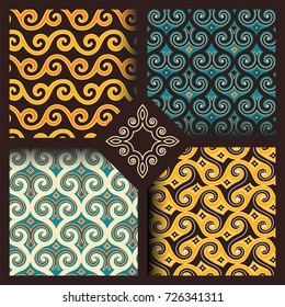 Set of four seamless patterns in vintage indonesian batik, islamic, japanese, arabic, eastern, oriental style for restaurant menu, flyer, business card, brochure, book cover, banner, etc.