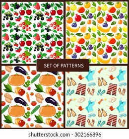 Set of four seamless patterns - vocation, vegetables, fruit and berries. Bright colors. Vector.