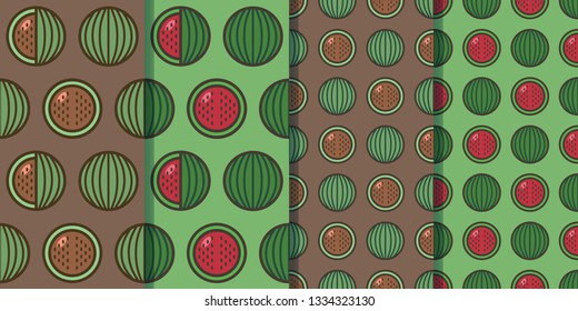Set of four seamless patterns with watermelons in one style. Colorful illustration, eps10. Clipping mask applied.