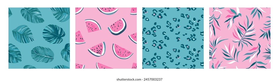 Set of four seamless patterns with watermelons , leaves , leopard print and palm leaves . Summer colorful textile design, art project and more. Vector illustration