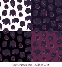 Set of four seamless patterns with wombats. Vector illustration.