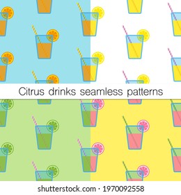 Set of four seamless patterns.Citrus drinks, including orange juice, lemonade, mojito and grapefruit juice, in blue glasses with striped straws and citrus slices.Trendy flat style, vector illustration