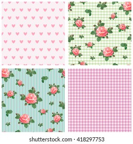 Set of four seamless pink and green patterns with roses,hearts,stripes.Vector illustration in the style of shabby chic.Can be used for fabric,textile,wrapping paper.