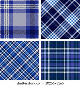 Set of four seamless plaid check patterns in nautical color palette. Classic checkered fabric textures in shades of blue, indigo and white. 