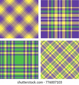 Set of four seamless plaid patterns in Mardi Gras color palette of green, gold and purple. All over texture prints.