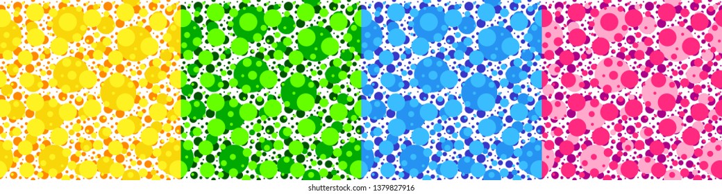 Set of four seamless polka dot patterns in shades of yellow, green, blue and pink. White background. Colorful circles or bubbles patterns