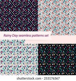 Set of four seamless rainy day patterns. rainy autumn or spring day, funny rain, rain drops wallpaper, pattern for fabric, ornament for textiles, pattern for bed linen, curtains for the shower