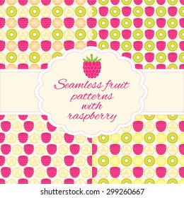 Set of four seamless raspberry and fruit pattern. Vector illustration. For menu, cards, invitations, wedding or baby shower albums, backgrounds, wallpapers, arts and scrapbooks.