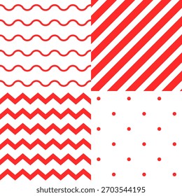 Conjunto de cuatro patrones geométricos rojos y blancos sin costuras. Ondas, rayas, zigzags y puntos. Adecuado para fondos, embalaje, textiles, marca y papel de embalaje. sentimiento de Festiva. Ilustración vectorial.