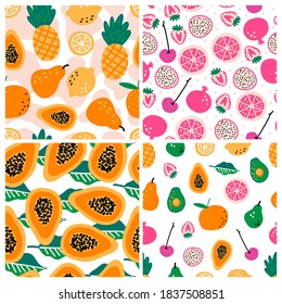 Set of four seamless repeat patterns with hand drawn fruits and berries on light background. Modern textile, greeting card, poster, wrapping paper designs.