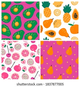 Set of four seamless repeat patterns with hand drawn fruits and berries on light background. Modern textile, greeting card, poster, wrapping paper designs.