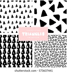 A set of four seamless repeating patterns with triangles shapes in black and white. Hand drawn abstract geometric vector texture.