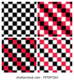 Set of four seamless striped checkerboard zigzag patterns.