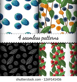 Set of four seamless summer patterns with ripe raspberries and leaves. Vector illustration. Design for textiles, labels, posters, banners