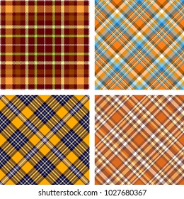 Set of four seamless tartan plaid patterns in orange color palette. 