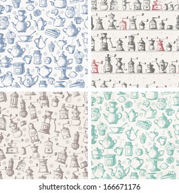Set of four seamless tea and coffee backgrounds. Can be used for wallpaper, pattern fills, textile, web page background, surface textures. Vector illustration.