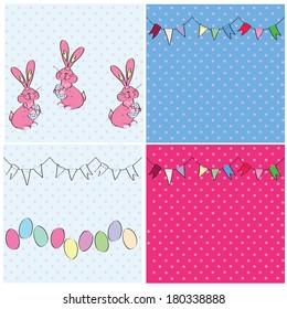 set of four seamless texture in the Easter theme, executed in pretty colors with bunnies, eggs and flags 