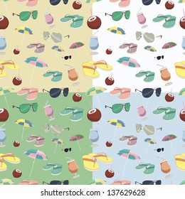 Set of four seamless texture. Summer. Color. Umbrella, cocktail glasses, slippers. Vector