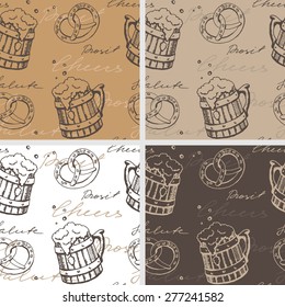 Set of four seamless textures with beer mugs and  pretzels