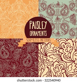 set of four seamless textures with paisley ornament, vector illustration