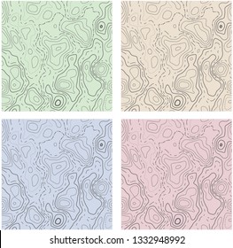 Set of four seamless topographic map patterns. 
Different shades of the background. Vector illustration. 