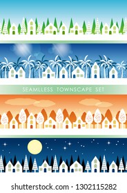 Set of four seamless townscapes, vector illustration. Horizontally repeatable.