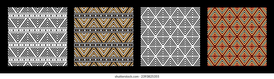 Set of four seamless tribal vector patterns. Vector seamless striped triangles patterns. Tribal ornaments. Geometric color and monochrome backgrounds.