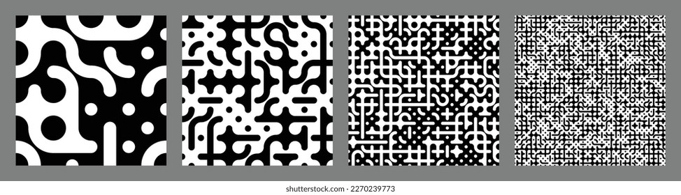 Set of four seamless Truchet tiling patterns. Repeating geometric black and white shapes. Creative coding computational design.