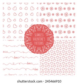 Set of four seamless valentines patterns with hearts. Line and simple style