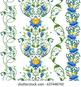 Set of four seamless vector borders. Fantasy flowers.