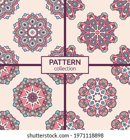 Set of four seamless vector color patterns with mandala. Abstract oriental mandala background. Vintage decorative elements. Islam, Arabic, Indian, ottoman motifs. For textile, fabric and paper.