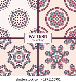 Set of four seamless vector color patterns with mandala. Abstract oriental mandala background. Vintage decorative elements. Islam, Arabic, Indian, ottoman motifs. For textile, fabric and paper.