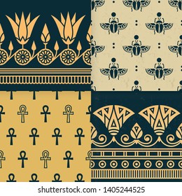 Set of four a seamless vector illustration of Egyptian national ornament with a lotus flower, scarab, ankh on the various background. Dark style.