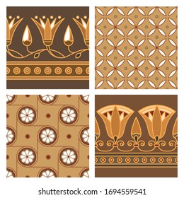 Set of four seamless vector illustration based on the Egyptian national ornament with lotus flower in a linear style on brown background.