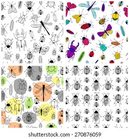 Set of four seamless vector pattern. Background with bugs and butterflies. 