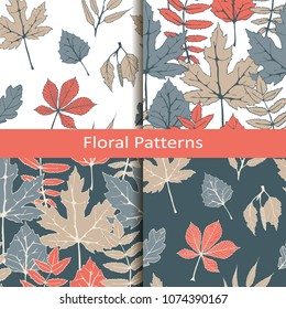 set of four seamless vector patterns with hand drawn tree leaves. design for textile, covers, interiors