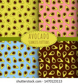 Set of four seamless vector patterns with avocado. For kitchen, printing on textiles, phone case. Design for fabric and decor.