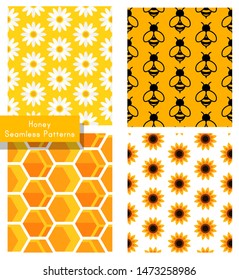 Set of four seamless vector patterns with daisies, bees, honeycomb and sunflowers in simple flat style with main yellow colour.