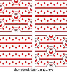 set of four seamless vector patterns with panda bear in bathing suit and red polka dots and stripes