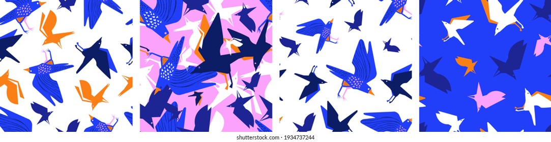 Set of four seamless vector patterns with bird silhouettes, raven. Trend color combinations, bright colors.