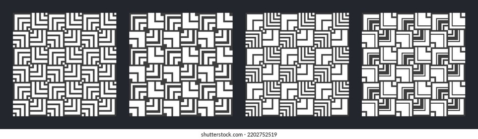 Set of four seamless vector patterns. Abstract geometric trendy vector pattern collection. Modern stylish textures, geometric tiles with striped elements. Black and white vector backgrounds.