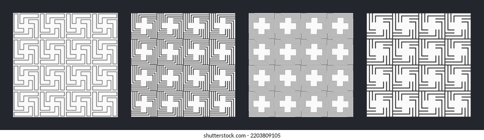 Set of four seamless vector patterns. Modern stylish textures. Repeating geometric tiles with cross shapes. Outline patterns. Black and white backgrounds.