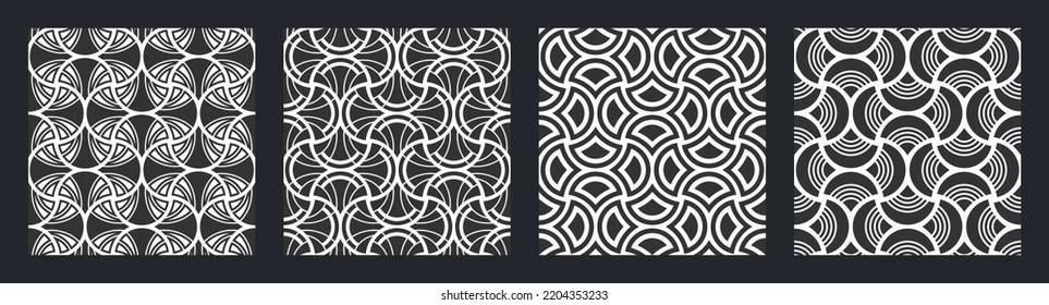 Set of four seamless vector patterns. Art Deco seamless patterns. Geometric lattices. Quatrefoils. Maroccan scales mosaic tiles. Scallop shapes, rounded shapes. Vector monochrome illustrations.