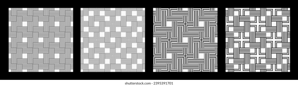 Set of four seamless vector patterns. Repeating geometric tiles with simple geometric shapes. Lines. Cross shapes. Square tiles. Geometric patterns. Black and white backgrounds.